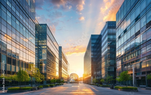 Modern glass buildings gleaming at sunset in an urban plaza. photo