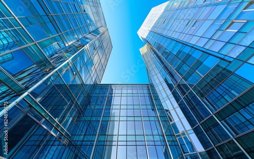 Modern glass buildings under a clear blue sky.