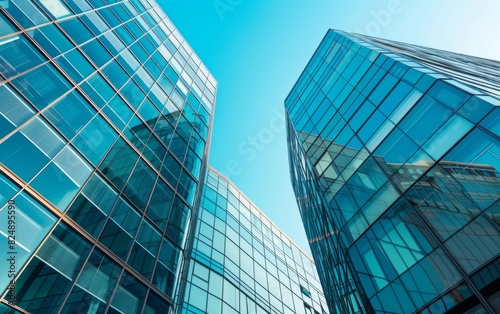 Modern glass buildings under a clear blue sky.