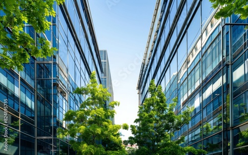 Modern glass office buildings flanked by green trees under a clear sky.