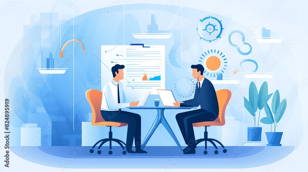 Two business professionals in suits sit at a table and discuss a project Two business professionals in suits sit at a table and discuss a project