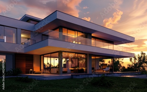 Modern house with large windows and sleek, minimalist design against a sunset.