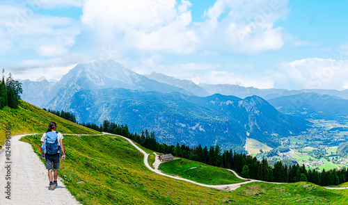 Travel destination high mountain national park Berchtesgaden. Landscape Scenery. Mountain Jenner, Route Mitterkaseralm. Man Hiking in the National park Berchtesgadener Land in Summer, Bavaria, Germany