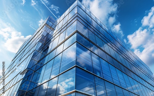 Modern multistory office building with reflective glass windows under a blue sky.