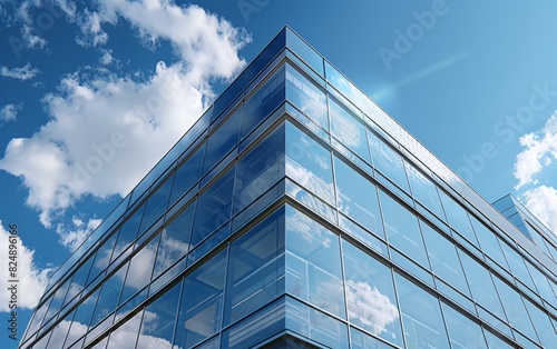 Modern multistory office building with reflective glass windows under a blue sky. photo