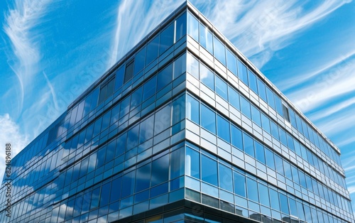 Modern multistory office building with reflective glass windows under a blue sky.
