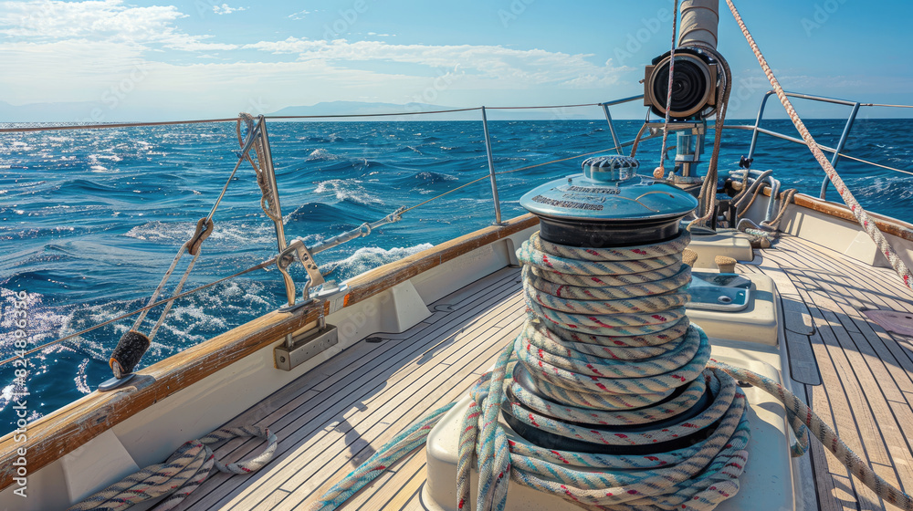Obraz premium Close-Up of Winch Hoisting Ropes on Yacht with Sea View