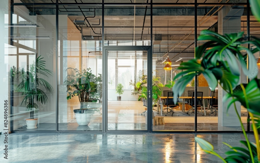 Modern office interior with glass walls and plant decorations.