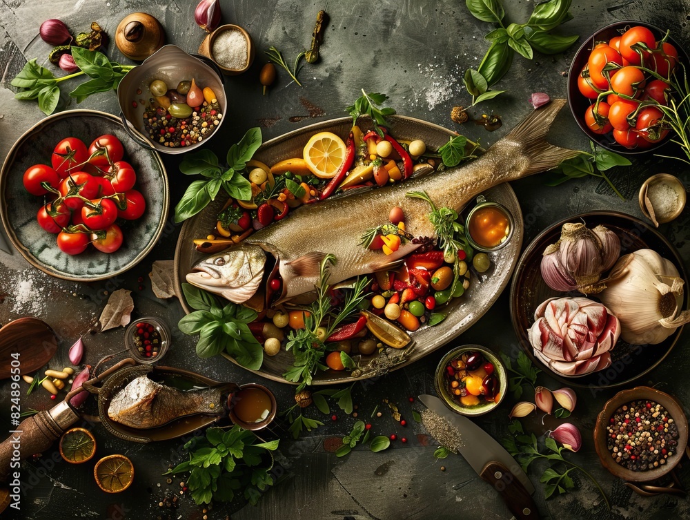 Delicious seafood platter with fresh fish, sauces, and garnishes in perfect harmony Delicious seafood platter with fresh fish, sauces, and garnishes in perfect harmony