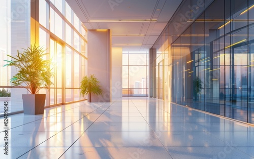 Modern office lobby with glass walls, sunset light, and a potted plant.