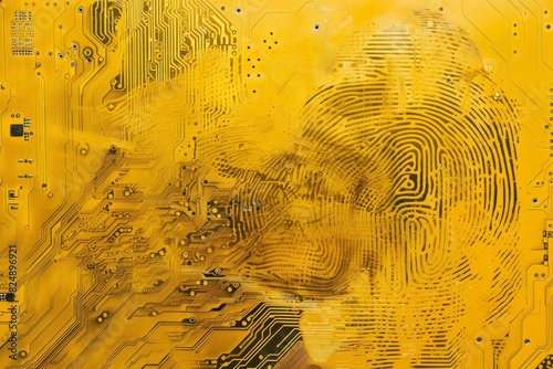 Finger print as evidence of identity and as a password, Finger print on yellow motherboard background 