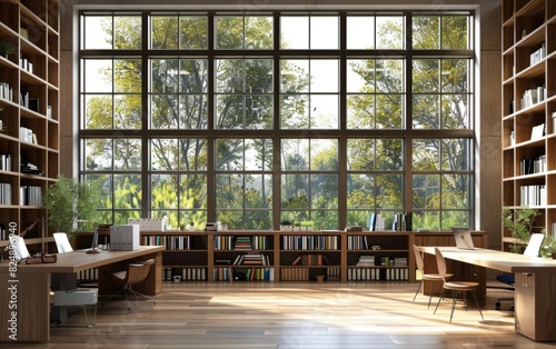 Modern office with large windows, wooden desks, and bookshelves.