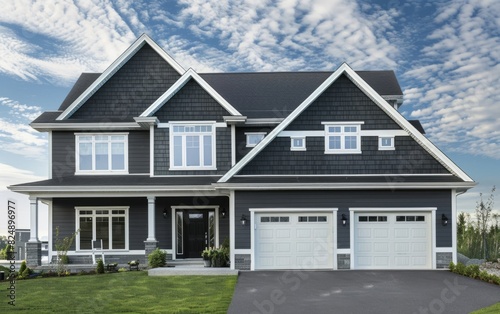 Modern suburban home with dark gray siding and white trim, featuring a double garage.
