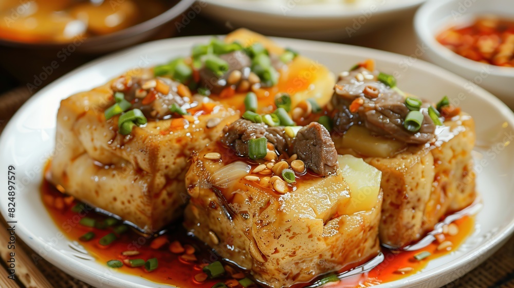 auhu begedil.fried tofu stuffed with potato and beef. eaten with sauce of spicy. Generative Ai