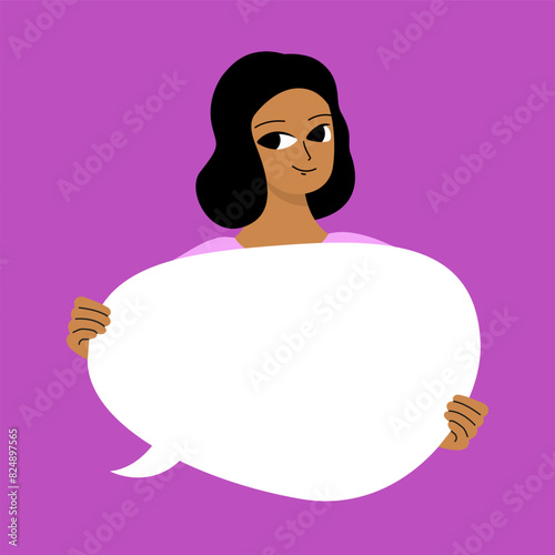 Pretty brunette swowing empty presentation. Young black woman holding blank placard, poster, paper. Simple flat style.