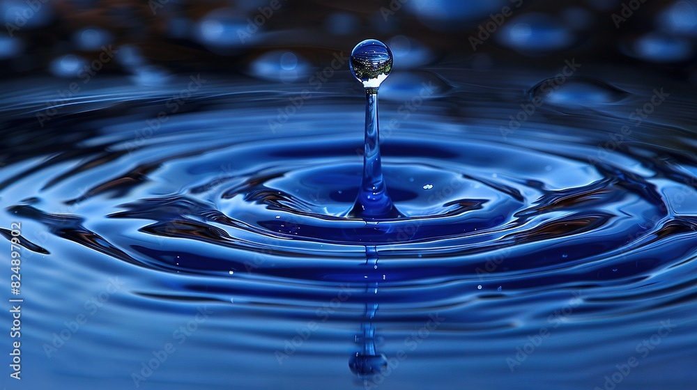 A detailed photo of a small blue water droplet, with a tiny droplet emerging from the top A detailed photo of a small blue water droplet, with a tiny droplet emerging from the top