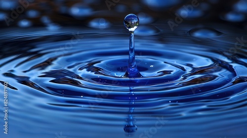  A detailed photo of a small blue water droplet, with a tiny droplet emerging from the top