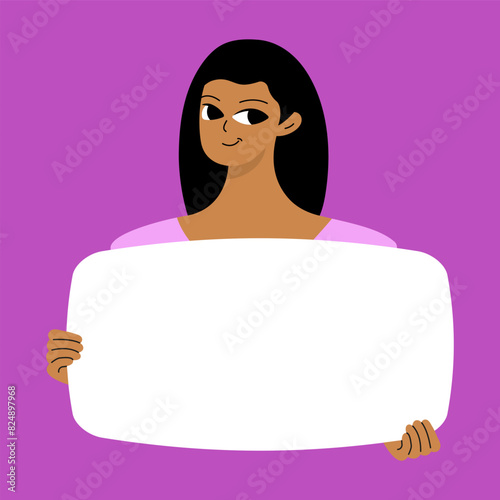 Pretty brunette swowing empty presentation. Young black woman holding blank placard, poster, paper. Simple flat style.