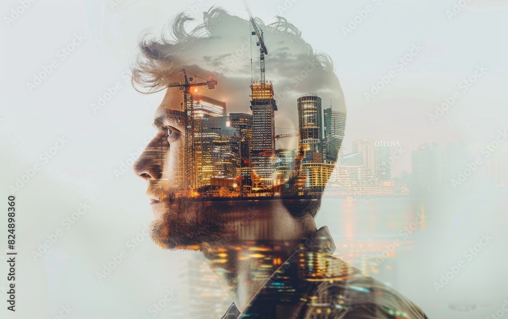 Profile of a man with a cityscape and construction imagery blended into his head.