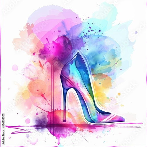 A watercolor painting of a woman's high heel shoe. The shoe is blue and the background is a rainbow of colors. photo