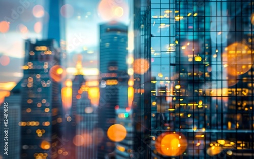 Reflective skyscrapers at sunset with warm glows and blurred lights.