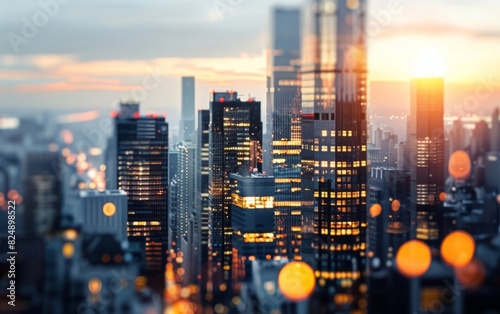 Reflective skyscrapers at sunset with warm glows and blurred lights.