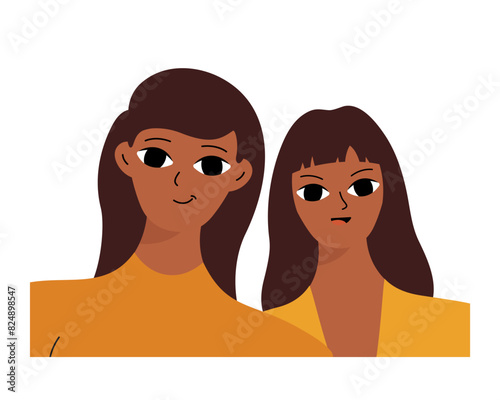 Couple of smiling black girls. Two friends, relatives or students are photographed. Isolated flat cartoon vector .