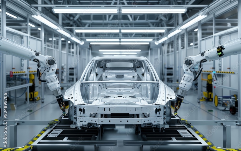 Robotic arms assembling car frames in a high-tech factory.