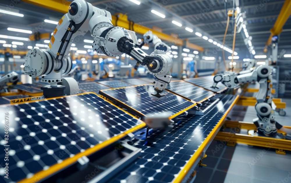 Robotic arms assembling solar panels in a high-tech factory.