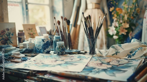 An artistic workplace with brushes and paints. photo