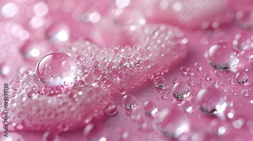  A close-up of a pink background with droplets of water on top of a pink object, featuring white dots at the base
