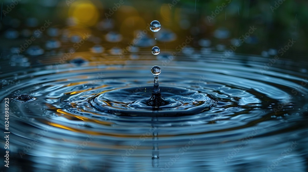   A macro photo captures a water droplet falling onto foliage in the foreground