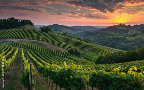 Rolling vineyard hills under a glowing sunset sky.