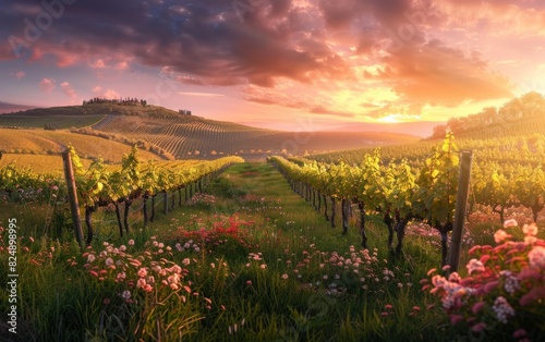 Rolling vineyard hills under a glowing sunset sky.