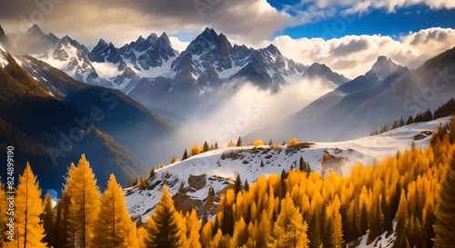 Autumn mountain landscape with yellow larches and snowy peaks. photo