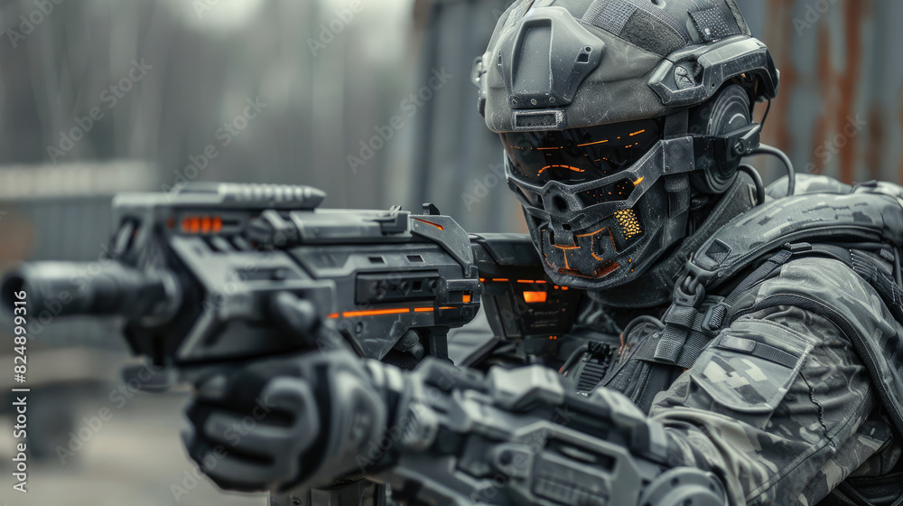 Fototapeta premium Futuristic Soldier with Modern Tech Weapons