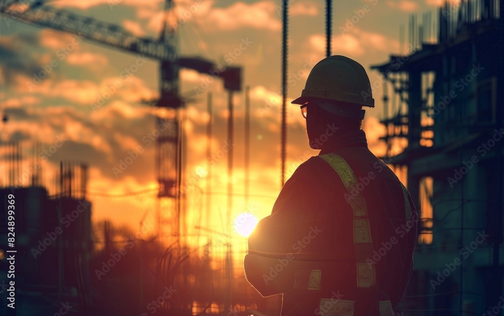 Silhouette of a worker, construction site overlaid, sunset backdrop.
