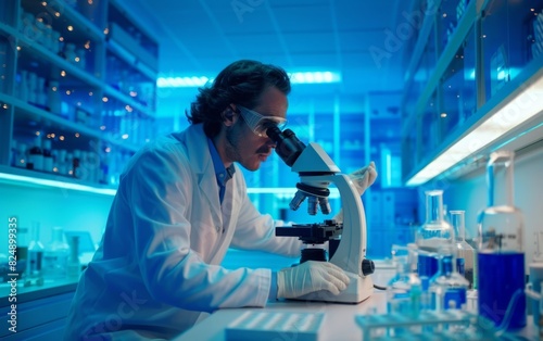 Scientist using microscope amidst lab equipment in a blue-lit laboratory.