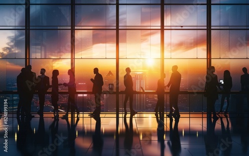 Silhouetted businesspeople in a modern office with sunset and cityscape backdrop.