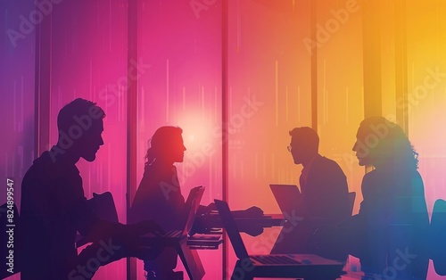 Silhouetted professionals in a meeting with laptops, vibrant backlight.