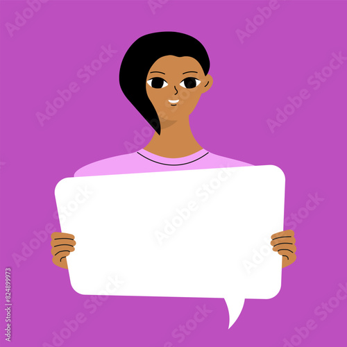 Pretty brunette swowing empty presentation. Young black woman holding blank placard, poster, paper. Simple flat style.