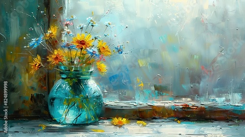   A painting of sunflowers in a blue vase on a windowsill with raindrops falling outside photo