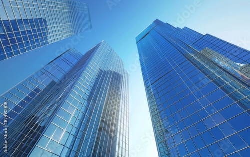 Skyward view of towering glass skyscrapers under a clear blue sky.