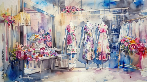 The watercolor painting shows a  boutique with mannequins and flowers. photo