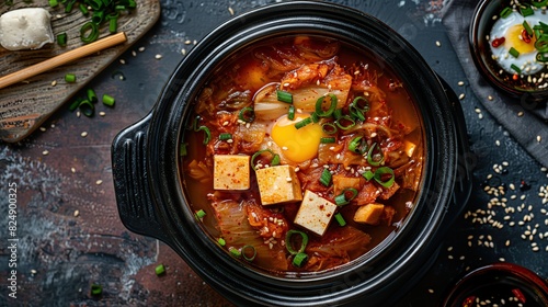 Top View of Homemade Kimchi Jjigae or Kimchi Soup with Tofu and Egg. Generative Ai photo
