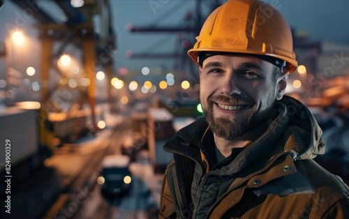 Smiling worker in a hard hat at a busy industrial site.