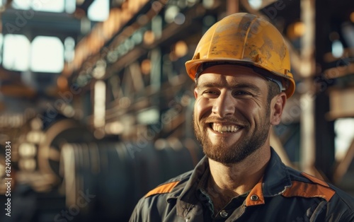 Smiling worker in a hard hat at a busy industrial site.