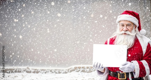 Santa Claus is standing in front of a snowy background holding a blank sign. He is wearing a red Santa suit with white trim and white gloves