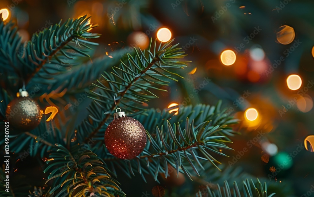 Sparkling Christmas baubles on a lush fir tree with soft glowing lights.
