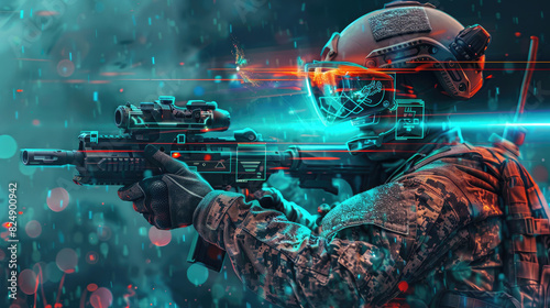 Futuristic Soldier with Modern Tech Weapons photo